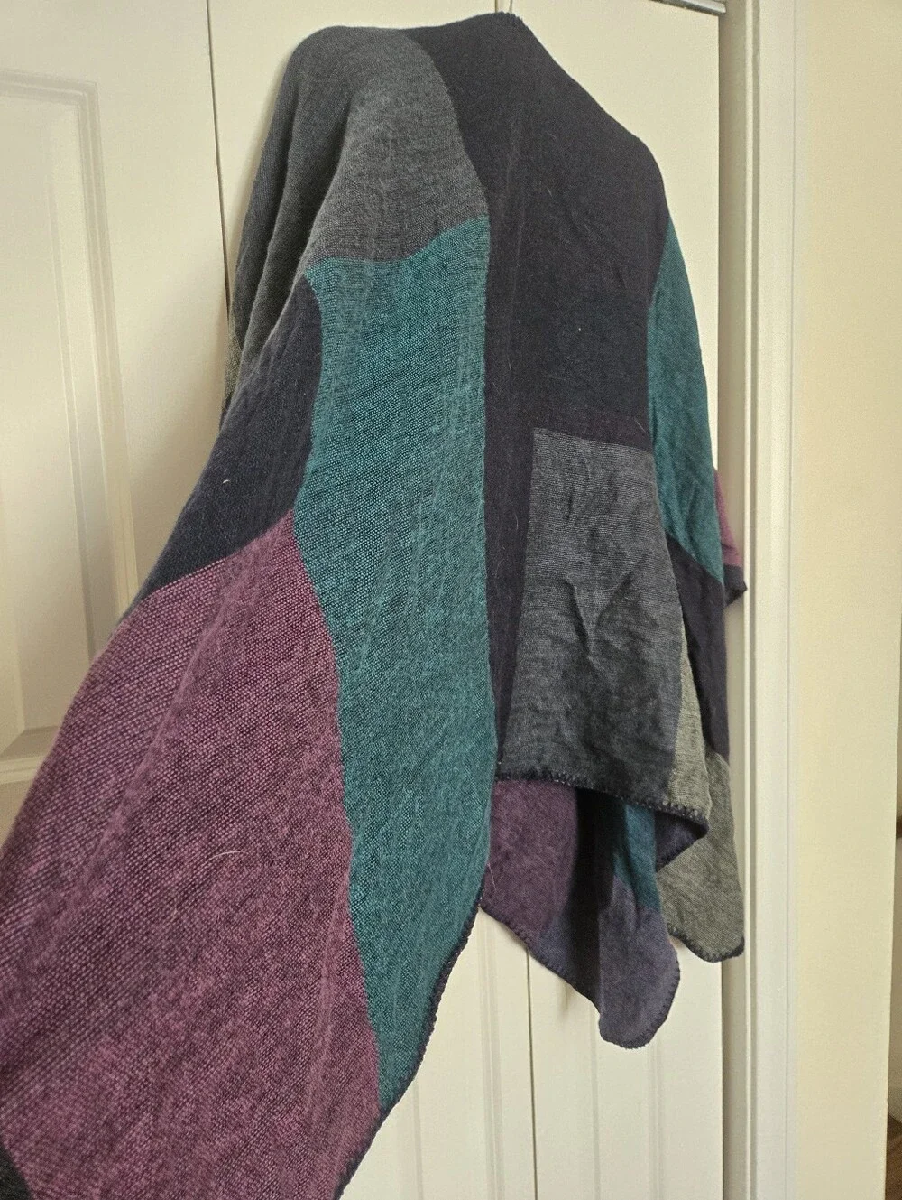 Colorblock Knit Poncho Sweater - Teal, Purple & Navy